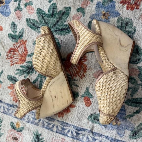 Loeffler Randall Woven Straw & Leather Peep-Toe Valentine Wedge Heels - Picture 3 of 6